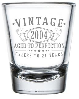 Vintage 2004 Etched 1.75oz 1pk Shot Glass – Happy 21st Birthday Gifts Women Men, Cheers to 21 Years, Turning 21 Year Old Woman Decorations Decor, Anniversary Bday Party Favors Best Gift Ideas 1.0