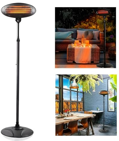 2KW Free Standing Electric Heaters Adjustable Patio Garden Heater Outdoor 3 Heat Settings Quartz Portable Tilting 2000W, IP34 Rated, Heat Angle and Height Water Resistant