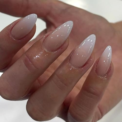 24 Stück Künstliche Nägel Mandel, French Press on Nails Rosa Weiß Farbverlauf Nagel zum Aufkleben Acryl Full Cover Künstliche Fingernägel, Almond Falsche Nägel für Frauen und Mädchen Nail Art