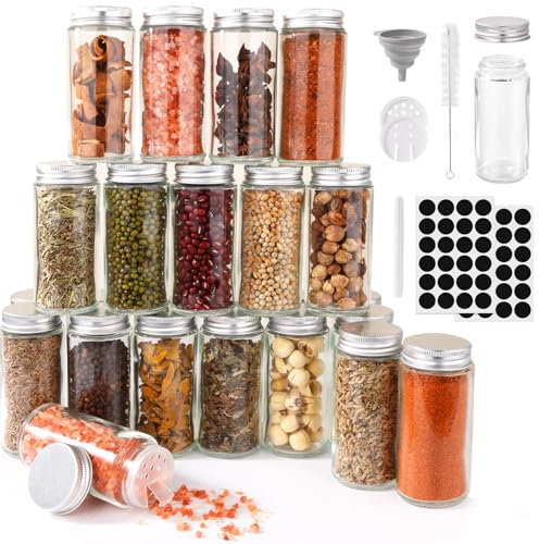 FoiiLiio 24er Gewürzgläser Rund Set mit Streueinsatz, 120ml Gewürzdosen Glas, Gewürzbehälter Spice Jars, Gewürze Aufbewahrung, Gewürz Organizer, Gewürzaufbewahrung mit Etiketten & Silikontrichter