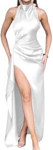 fdsmall Abito da donna in raso maxi con spacco laterale senza maniche Bodycon abito lungo ospite nuziale elegante cocktail estate abiti midi, bianco, XS