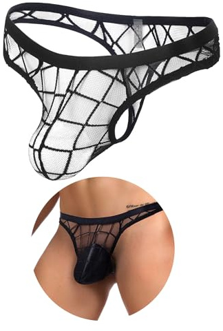 ohyeahlady Tanga Hombre de Encaje Talla Grande Bañador Calzoncillos Tipo Slip Malla Transpirables G-String de Cintura Baja Bikini Mini Slips Braguitas Suaves Lencería Underwear Fishnet Negro,S