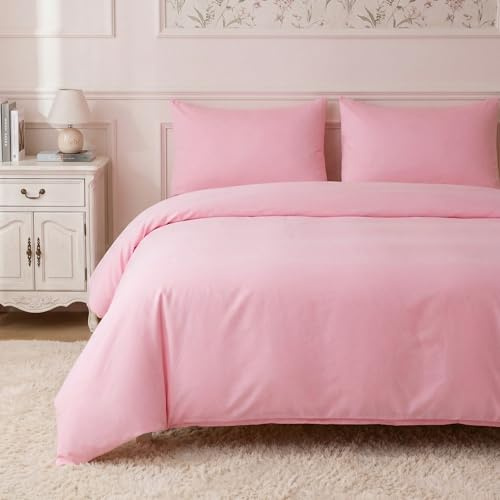 HeimenAogo Egyptian Cotton Duvet Cover Full Size Sateen Weave, Silky Soft and Breathable Bedding Set with Zipper Closure, Long Staple Cotton Bed Linen Baby Pink 3Pcs (80×90)