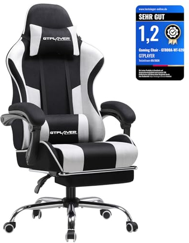 GTPLAYER Bürostuhl Gaming Stuhl Stoff Massage Gaming Sessel Ergonomischer Gamer Stuhl mit Fußstütze, Kopfstütze Massage-Lendenkissen, Gepolstert Gaming Chair, Drehsessel hellWeiß