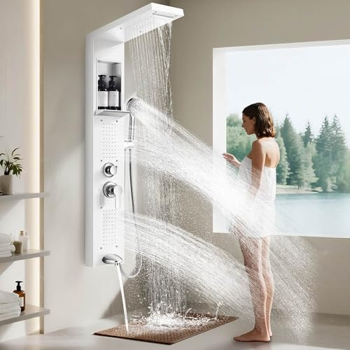 Shower Panel System, Multi-Function Shower Tower With 5 Body Spray, 5 Handheld Settings & Shelf, Rainfall + Waterfall Shower Head, Rain Massage Spa System For Bathroom (White)
