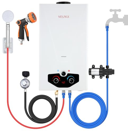 Scaldabagno a propano senza serbatoio, 3,18 GPM 12 L, scaldabagno portatile per esterni, con pompa dell'acqua da 2 GPM, scaldabagno istantaneo a propano con display digitale, protezione multipla per