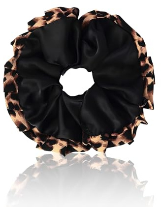 PUSCOBSY Satin Haargummi für Damen, Stoff Leopardenmuster Haargummis Scrunchie Ohne Haarbruch, Groß Leo Scrunchies für Dickes Haar Dünnes Haar, Schwarz