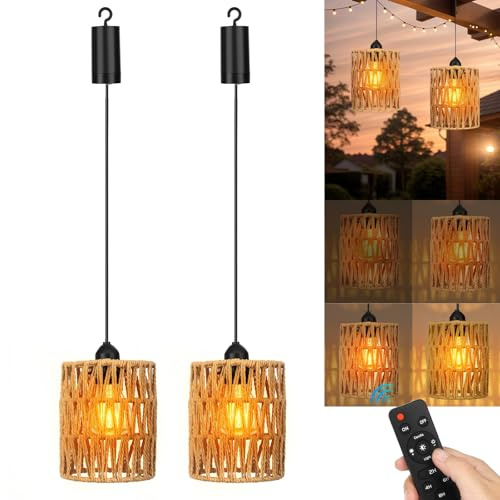 Neulriscn Battery Operated Pendant Lights 2 Pack, Rattan Pendant Lights Outdoor Hanging Chandeliers with Remote Control, Boho Lampshade Woven Rattan Lighting Fixtures for Gazebo Porch Patio Decor