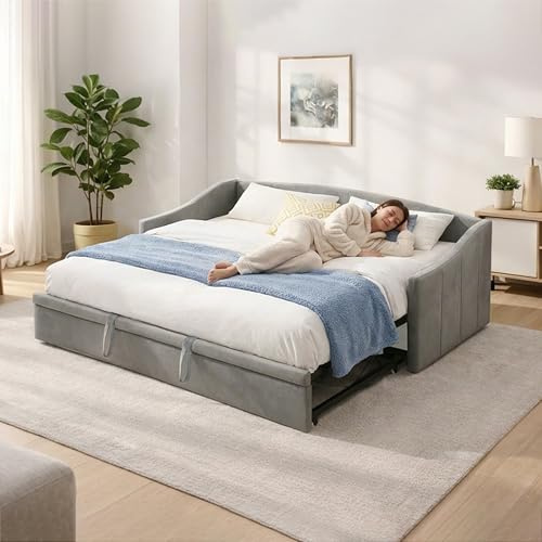 Klädd säng bäddsoffa med gästsäng 90/180 x 200 cm, utdragbar, för 2 personer, dagsäng, utdrag samma höjd, bäddsoffa med ribbotten och ryggstöd (grå D)