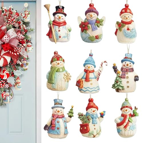Décorations de Noël,Décorations De Noël Accrochables Bonhomme De Neige - Figurines Collectionnables en Bois Suspendables 9 Pièces pour Arbre Fenêtre Maison Jardin Fête Extérieur Patio Mur Fournitures