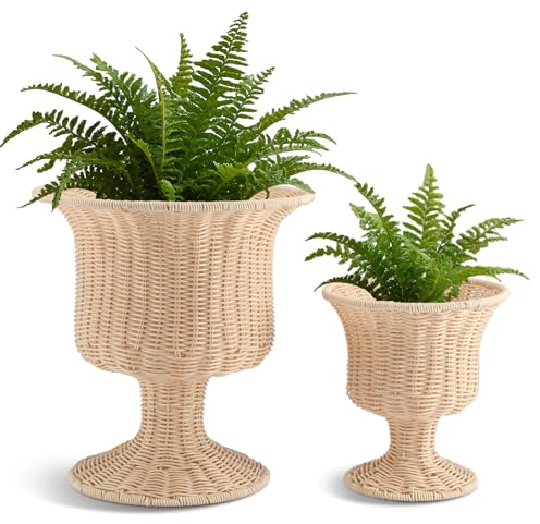 RimCereal 2 Pcs Rattan Indoor Outdoor Planter Basket Woven Decorative Storage Basket and Planter for Porch Patio Backyard Home Garden, 13 x 13 x 14.17 Inches, 8.66 x 8.66 x 9.45 Inches