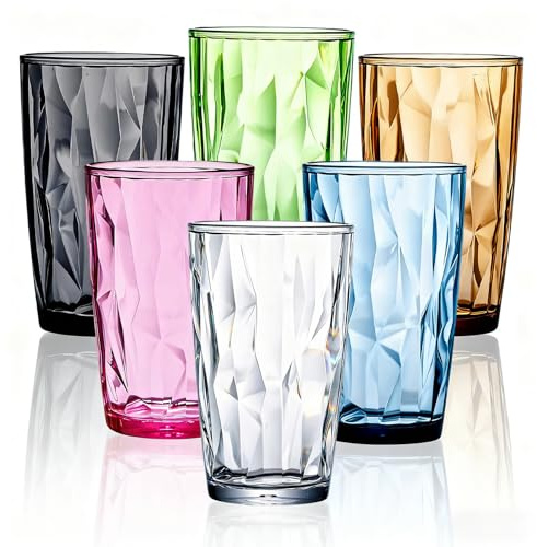 Ulmil 6er-Set 500ml Trinkgläser Bunt, Kunststoffbecher, Acrylbecher mit Kristallglas-Optik, Stapelbar Wassergläser Set, Für Wasser, Saft, Milch, Soda, Kaffee, Tee, Spülmaschinenfest, Transparent