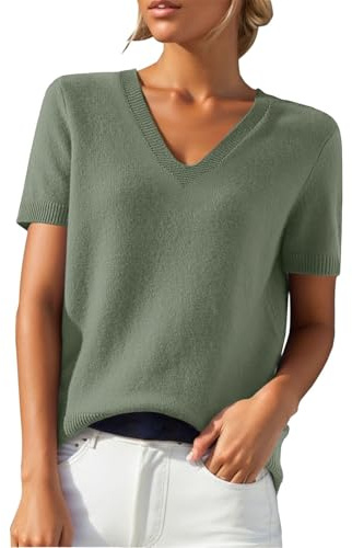 Suéter de cachemira para mujer, acogedor, suave, cuello en V, manga corta, suéter de punto, casual, elegante, clásico, liso, para salir, verde claro, XXL