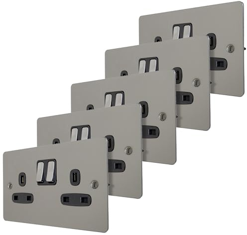 5 x Double Wall Socket Black Nickel Flat Plate 13A Switched 2 Gang Twin