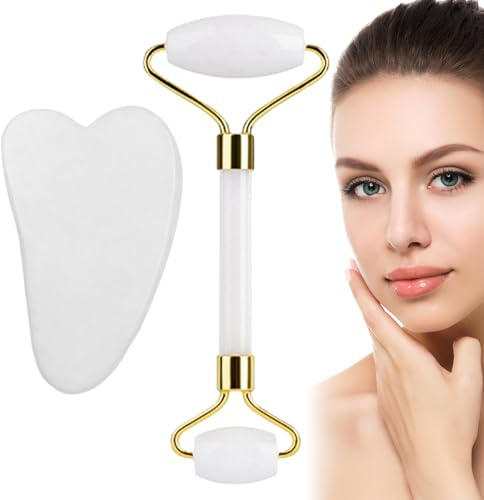 WUFKOP Tablero Gua Sha y rodillo de jade, masajeador facial Gua Sha, regalo para el cuidado de la piel, antienvejecimiento, antiarrugas, reafirmante, rodillo facial (Blanco)