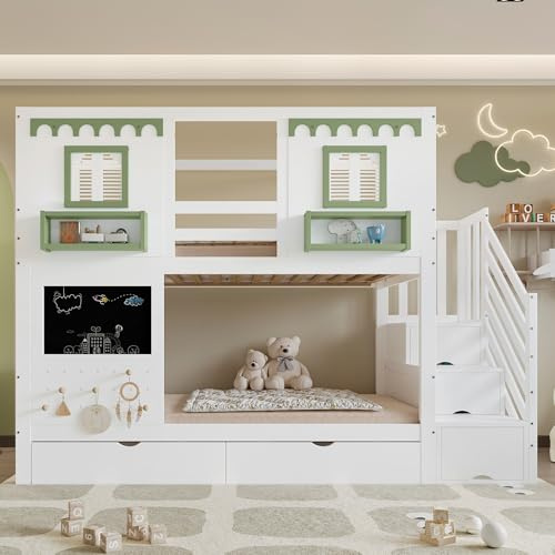 Våningssäng 90 x 200 vit/grön med 2 lådor på hjul, trappförvaringsutrymme, sängram av furu + MDF + plywood, sängramkoncept, hålbräda, 5 krokar – för sovrum, semesterboende