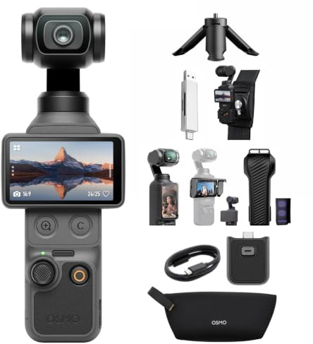 DJI Osmo Pocket 4 Essential Combo mit Mehrere Zubehörteile Bundle, 1″ CMOS | Pocket Gimbal Vlog Kamera, 4K/240fps, 3‑Achsen-Stabilisierung, 2× verlustfreier Zoom, 107 GB integrierter Speicher