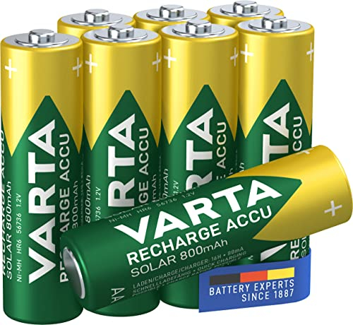 VARTA Pile AA, ricaricabili, confezione da 8, Recharge Accu Solar, batteria ricaricabile, 800 mAh Ni-MH, pronte all'uso, sviluppate per le luci solari da giardino