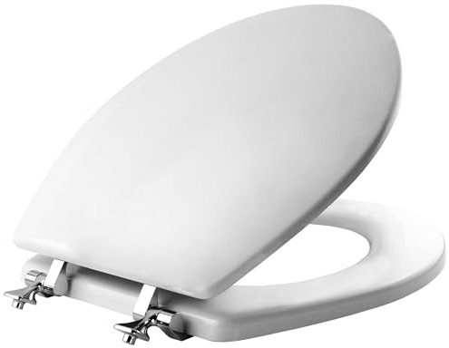 MAYFAIR 844CP 000 Edgewater Toilet Seat with Chrome Hinges will Never Come Loose, ROUND, Durable Enameled Wood, White