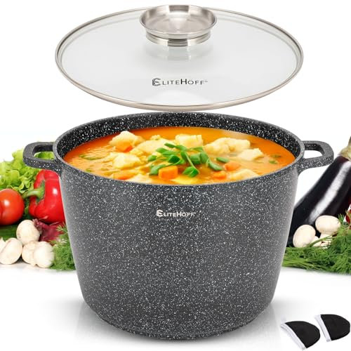 EliteHoff Pentola da cucina antiaderente con coperchio, pentola in alluminio per zuppa, pentola a induzione in marmo grande, pentola a induzione per tutti i tipi di cucine (nero, 10L Ø 28 cm)