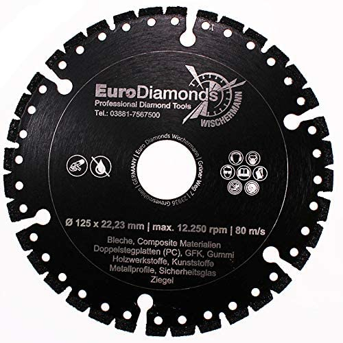 EDW Profi Diamant-Trennscheibe Allesschneider 125mm zum Schneiden von Kunststoff Holz Metall GFK Carbon Glas und Waschbeton Rescue Diamanttrennscheibe mit extrem wenig Funkenflug