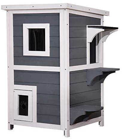 Lovupet Katzenhaus aus Holz Draußen, Katzenhütte für Indoor Outdoor Wetterfest, 2-stöckiges Katzen Haus mit Balkon und 2 Türen, Katzenhöhle für 1-2 Katzen, 46 x 40 x 81 cm, 0508EY (Grau)