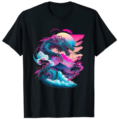 Dragon Vaporwave Abstract Landscape Moon Tree Waterfall T-Shirt