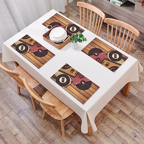 Platzset, Satz von 4 Platzsets,Player Vinyl Style Disco Dj Schallplatte auf 80er Holzansicht Abst,Gewebte Vinyl-Tischsets, waschbare und langlebige Tischsets, Tischsets für den Innen- und Außenbereich
