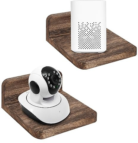 Wall Mounted Speaker Stand Holder Floating Shelf, Monitor Camera Holder Small Shelf for Bluetooth Speaker Webcam Cell Phones Mesh Router Toy Display Cable Boxes by Wood (2 Pack)