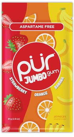 PUR Jumbo Gum | Goma de Mascar Sin Aspartamo | Con Xilitol | Sabor Natural Strawberry, Banana, Orange, 20 Piezas (Paquete de 1)
