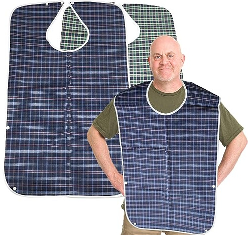 ZCYKJ 2 Pack Washable Adult Bibs for Elderly, Reuasable Adult Dining Bibs for Eating for Men, Women, Waterproof Feeding Bibs Clothing Protectors for Adult, Elderly and Disabled(Blue & Green)