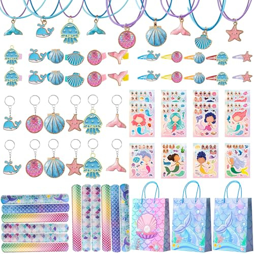 84pcs Mermaid Theme Party Favors Set-Mermaid Loot Bags Hair Clips Slap Bracelets etc Birthday Party Favors