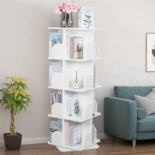 bimiti Drehbares Bücherregal 4 Stöckig Drehregal Holzregal 360° Grad Rotierendes Bücherregal Buch/CD/DVD Aufbewahrungsregal, Holz Lagerregal für Kinder & Erwachsene, Quadrat, Weiß
