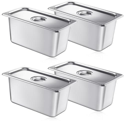 Mifoci 4 Pack Stainless Steam Hotel Pan with Lid, 1/3 Size x 6 Inch Deep Table Steam Pan Restaurant Supplies Reusable Anti Rust Catering Storage for Home, Party, Restaurant, Hotel, Buffet