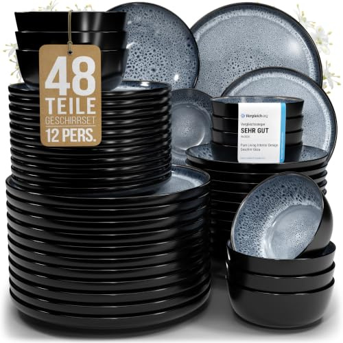 Steingut Geschirrset 12 Pers. Ibiza 48-tlg Hochwertiges Mediterranes Steingut Geschirr Set - Schüssel- und Teller Set - Tafelservice 12 Personen Geschirrsets Pure Living in Graublau