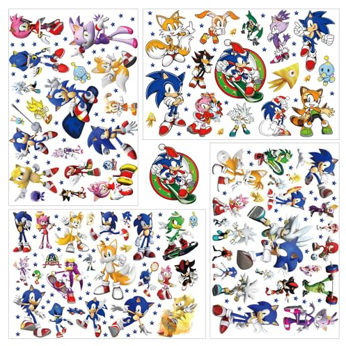Temporäre Tattoo Set Fans Tattoos für Sonic the Hedgehog,4 Blätter tattoos Aufkleber Stickers für Geschenktüten Mitgebsel Mädchen Jungen
