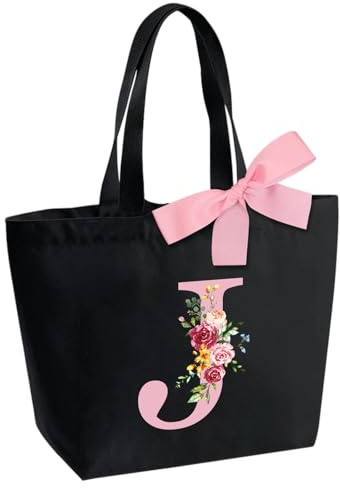 Sac Fourre-Tout Personnalisé avec Initiale, Sac Tote bag avec Noeud Papillon, Adapté pour Mariage Vacances Voyage Anniversaire Noël, Sac Cadeau Parfait pour femmes demoiselles d'honneur maman amis J