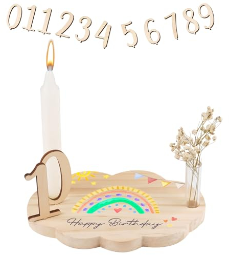 Piatto di compleanno in legno, piatto di compleanno con candela, vaso e numeri 0-9, piatto di compleanno per bambini