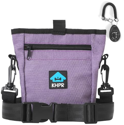 KHPR Leckerli-Tasche für Hunde, Magnetverschluss mit Trainingsklicker, freihändiges Design, um Verschütten zu verhindern, eingebauter Kotbeutelspender, 3 Tragemöglichkeiten, Metall-Clip-Taillengürtel