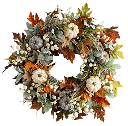Autumn Wreath Decoration for Front Door, Fall Neutral Wreath with Maple Leaf Berry Harvest Pumpkins Pinecones for Fall Thanksgiving Halloween Decorations 45 * 45cm (Multicolor, 45cm*45cm)