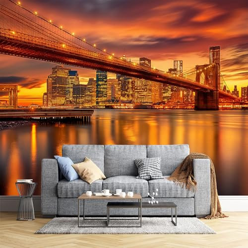JEDTAKCT 300X210Cm Seidetapete Sonnenuntergang In New York Tapete Elegance Tapete Im Moderne Brücke Design Tapete Wandtapete Wohnzimmer Schlafzimmer Flur Strukturtapete