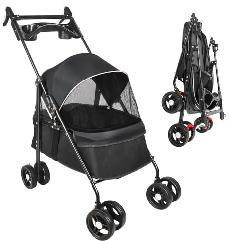 WOTAT 3-in-1-Hundebuggy, zusammenklappbar, Aufbewahrungskorb, Räder verschleißfest, 360 °, Fenster aus Netz, Buggy für kleine Hunde und Katzen, bis zu 20 kg