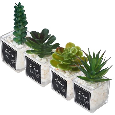 BUCOMTU 4 Stück kunstpflanze, Kunstpflanzen Klein Deko, sukkulenten künstlich mit Blumentöpfen aus Glas, geeignet zum Dekorieren von Hochzeiten, Büros, Wohnzimmern, Badezimmerdekorationen (Grün)