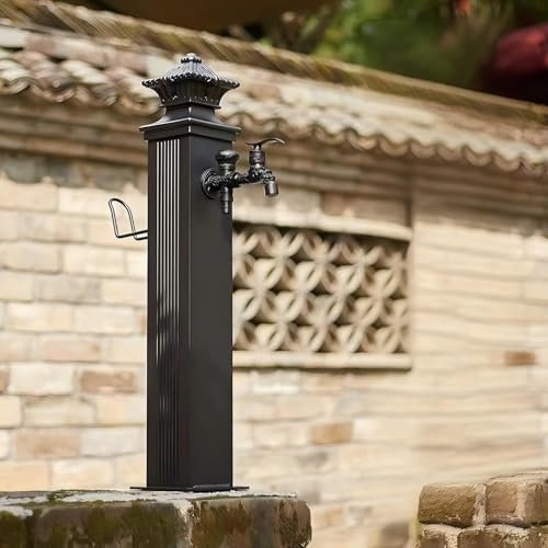 Fontana da Giardino in Stile Antico, Fontanella a Colonna con Rubinetto Acqua, Rubinetto Antigelo da Esterno Fontana con Fontana a Pavimento(Black,80cm/31.5in)