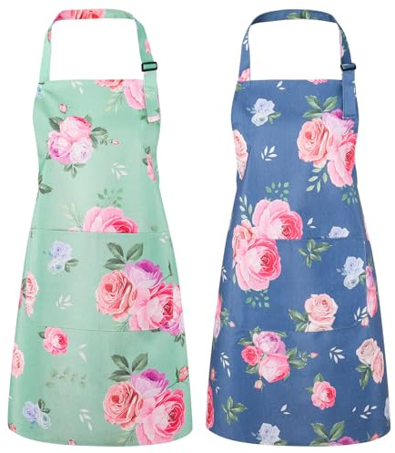 Livdouyu 2 grembiuli da cucina da donna con fiori, grembiuli da donna con grandi tasche, impermeabili, regolabili, per barbecue, cucina, giardino e salone