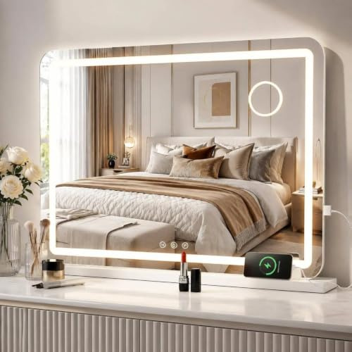 Clevich Spiegel mit Beleuchtung 80 x 60cm, mit USB- & Typ-C, 3 Farbtemperaturen Dimmbar, Kleiner Hollywood-Spiegeln mit 10x-Lupe, Tischspiegel für Schlafzimmer, Wandspiegel für Badezimmer, Weiß
