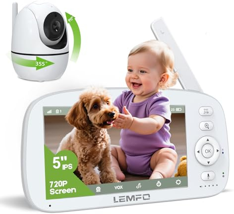 LEMFO Babyphone mit Kamera Ohne WLAN 5 720P IPS Video, 5000mAh Babyfon Mit Kamera Akku IR-Nachtsicht, Geräusch-/Temperaturerkennung, Zwei-Wege Audio, 293m Hohe Reichweite (White)