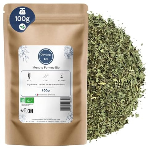 Feuilles de Menthe Poivrée Bio en Vrac - Infusion Tisane Bio ou Utilisation Culinaire - Mentha x Piperita L. - Agriculture Biologique - Odeur Mentholée et Saveur Fraîche - Sachet 100 gr (50 Tasses)