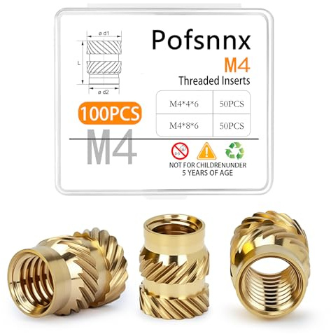 100Pcs Pofsnnx M4 Threaded Inserts, Brass Heat Set Insert for Plastic and 3D Printing Components, Metric Knurled Nut Classification Combination Kit(M4xL4xD6, M4xL8xD6)