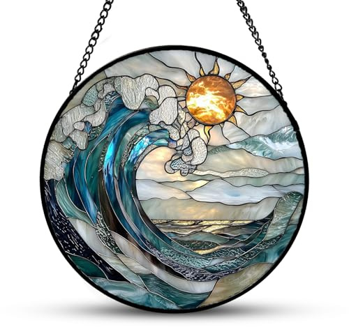 Acryl Fensterdeko Hängend, Blauwellen Sonnenfänger, Strahlender Suncatcher Boho Deko, Traumfänger Hängedeko für Wohnzimmer Garten Fensterscheibe Terrasse Wanddeko, 20x 20cm